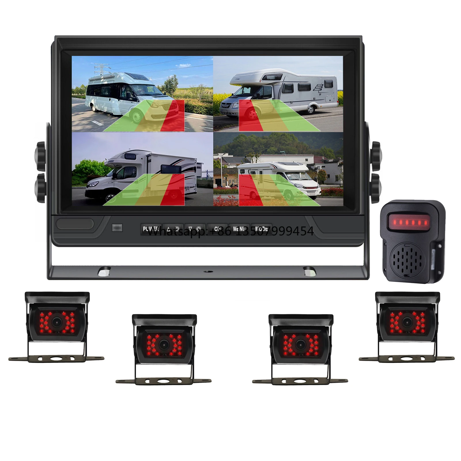 

PWAS BSD Ai Detection 9 Inch Quad Monitor Split Screen 4ch 1080P Rear View Reverse Backup Cameras with Sound Light Alarm for Rvs