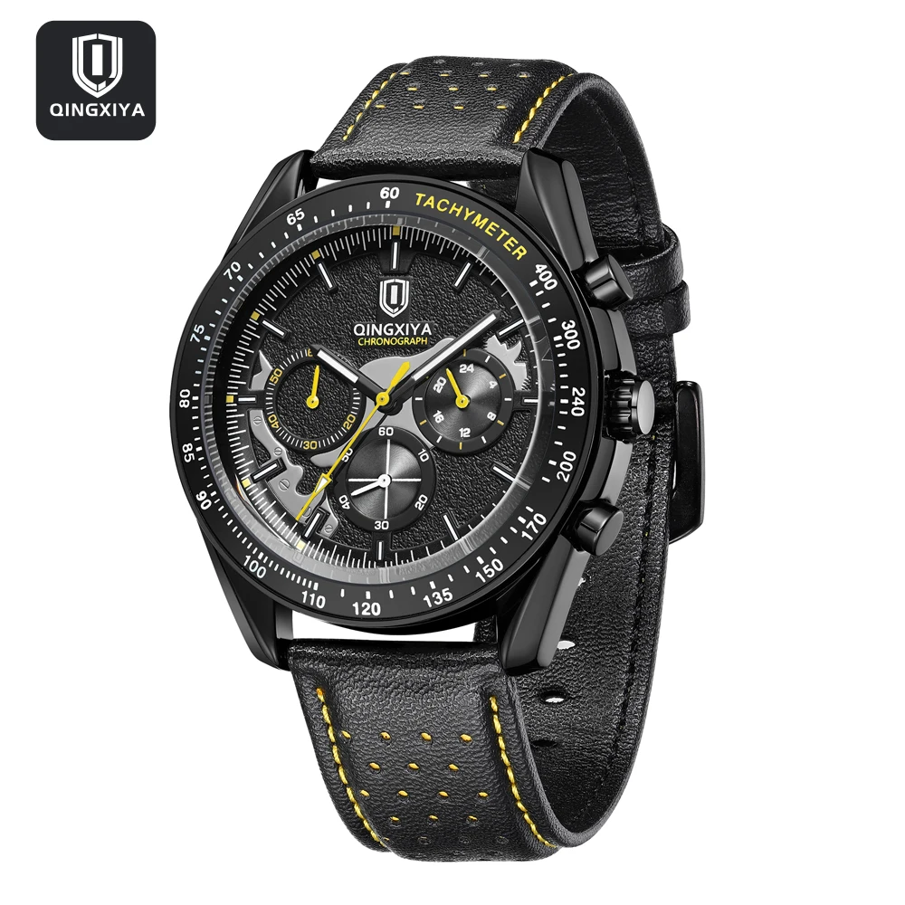 QINGXIYA новые мужские кварцевые часы лучший бренд класса люкс с хронографом спортивный кожаный ремешок водостойкий 24-часовой мужской часы