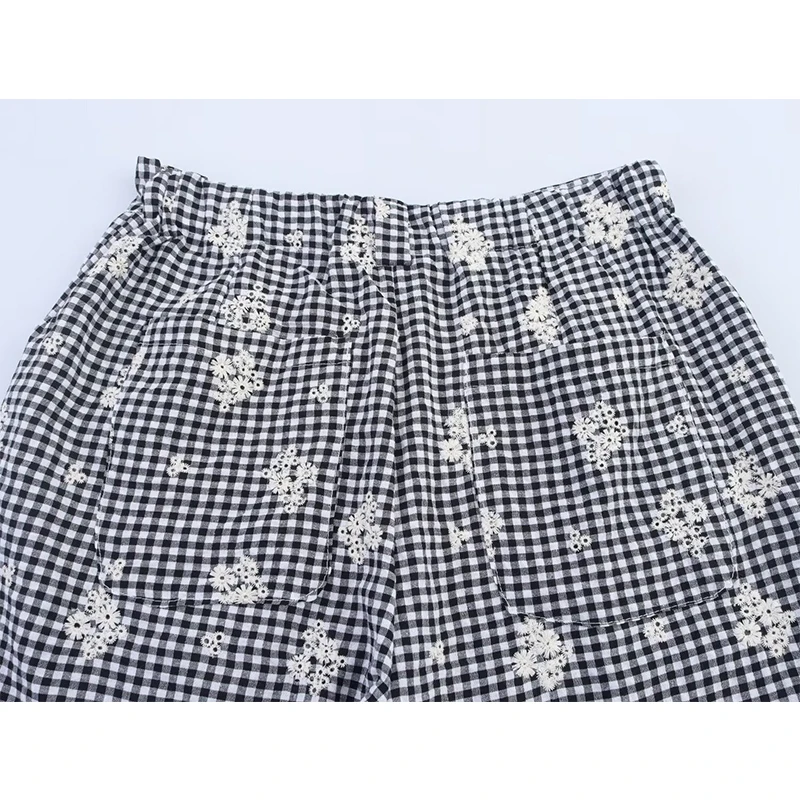 YENKYE 刺繍チェック柄ワイドレッグパンツ女性ヴィンテージハイウエストポケット付きカジュアル夏のズボン