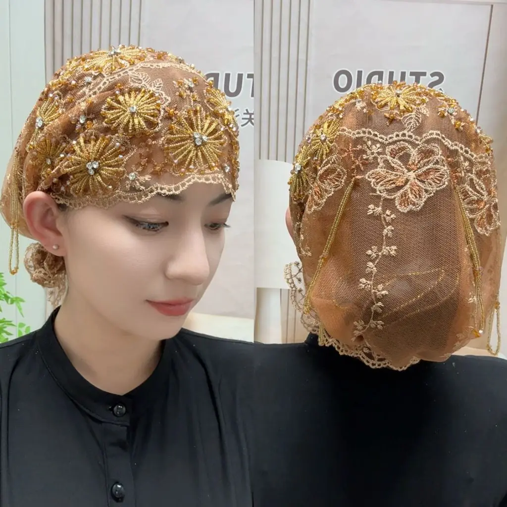 Luxury Women's Black Hijabs Mesh Fabric Bead Hat with Diamond Double Layer Embroidered All-match Shawl Hats Gorgeous Party