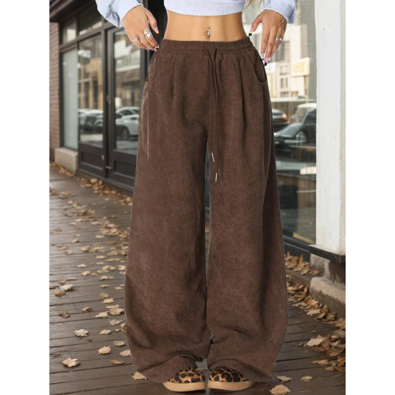 

YQ1-Women's American Style Dark Brown Loose Casual Pants Autumn Winter Draped Elastic Waist Wide Leg Slimming Long Pants