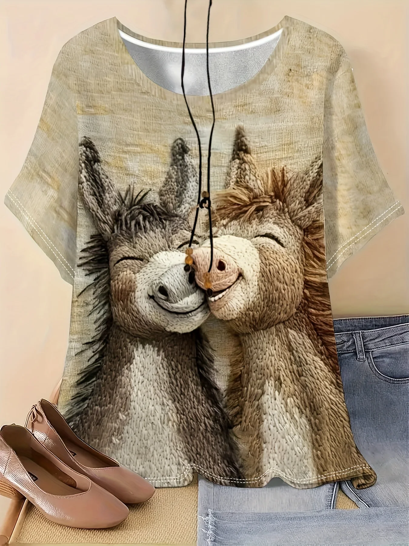 Women's T-shirt Cute Snuggling Donkey Realistic Print Crew Neck Short Sleeve Loose Fit Daily Casual Street Style women clothing