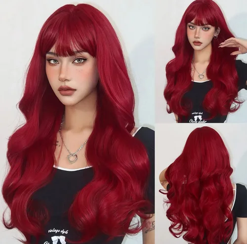 Pelucas sintéticas de color rojo vino, pelucas de pelo Natural largo ondulado con flequillo para mujer, peluca de Cosplay de Lolita, fibra resistente al calor