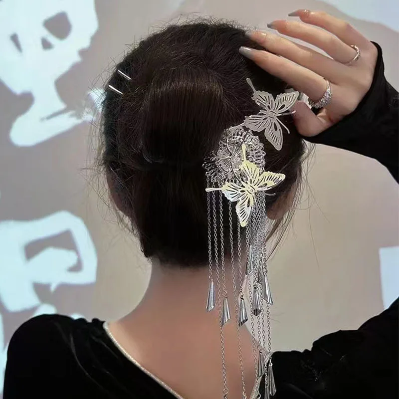 أزياء المعادن فراشة شرابة الشعر العصي للنساء النمط الصيني U على شكل دبابيس الشعر الطويلة كعكة الشعر أغطية الرأس إكسسوارات الشعر