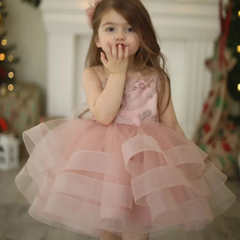 Robe de demoiselle d'honneur en tulle rose clair, appliques superposées avec nœud, robe de mariée pour mariage, jolie robe de princesse pour fête d'anniversaire