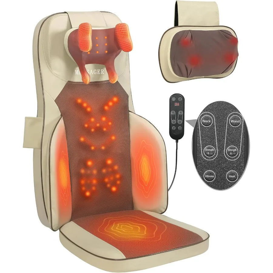 

Shiatsu Neck Back Massager Chair Pad w/Heat - Back Massager for Pain Relief Deep Tissue Full-Back Kneading Rolling - Adjustable