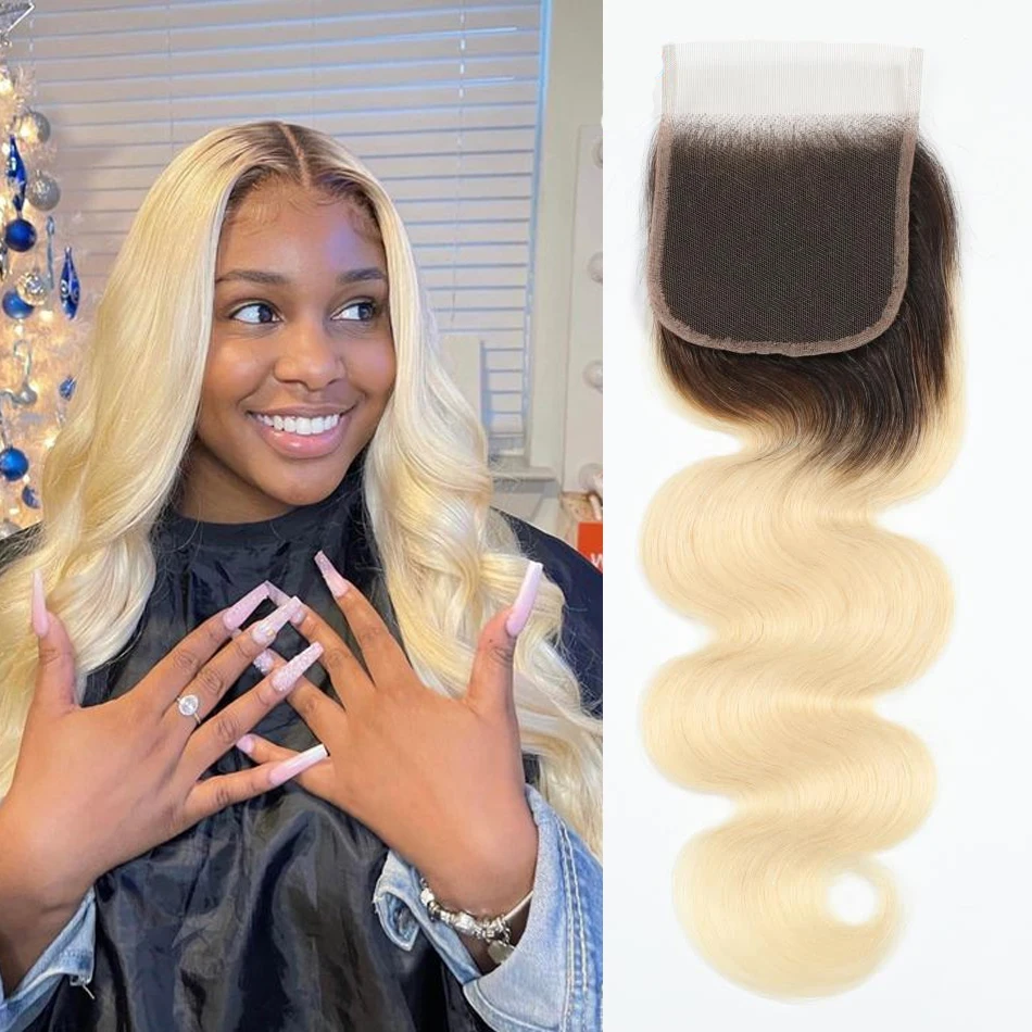 1b 613 Körperwelle 4x4 Spitzenverschluss HD Transparent Brasilianischer Haarverschluss 100 % Echthaar 13x4 Spitze Frontal Ombre Blonde vorgezupft