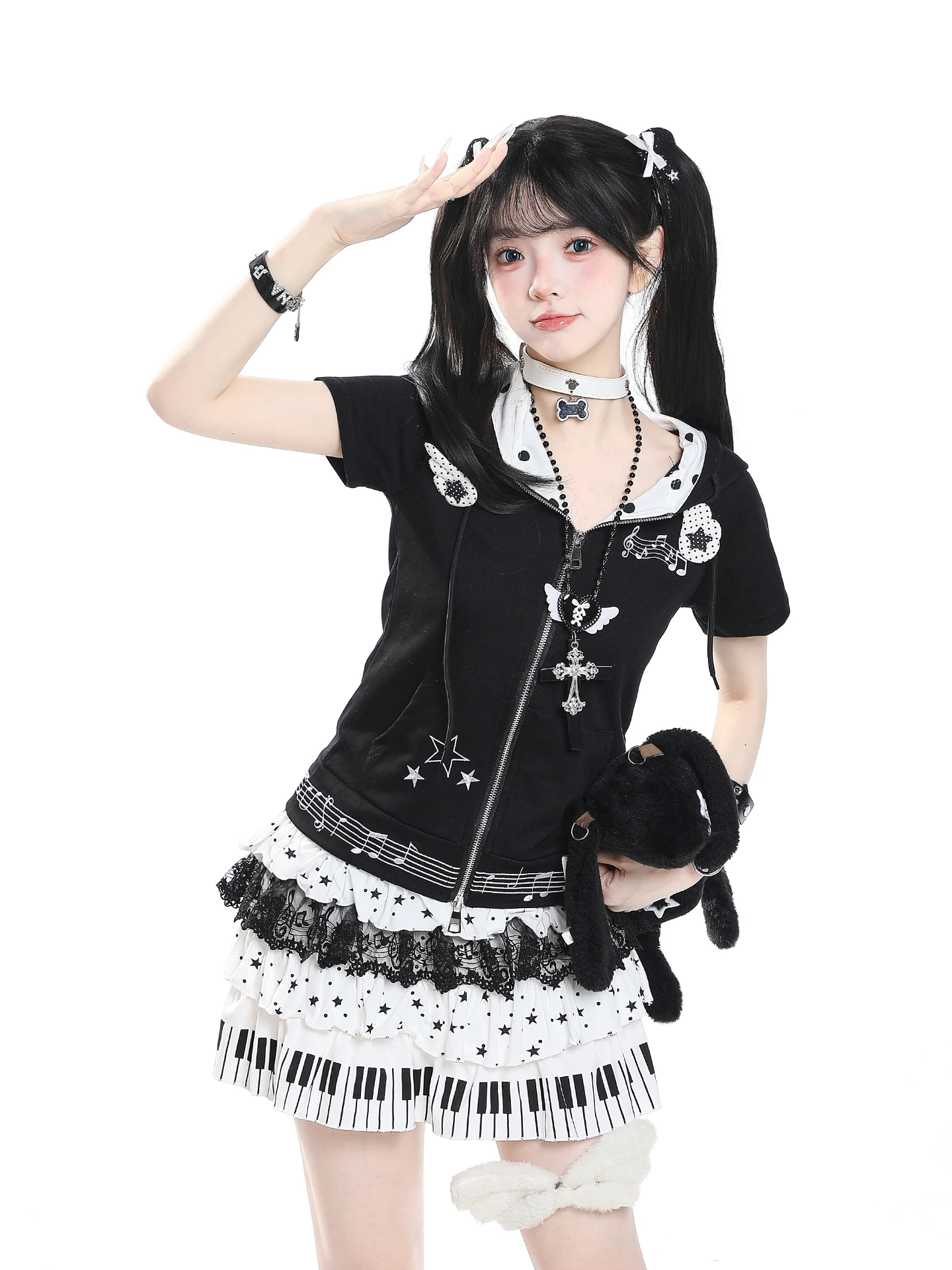 Y2K Polka Dot Contrast Color Note Zipper Short Sleeve Women's T-Shirt Summer Waist Cinching Slimming Design Open Cardigan