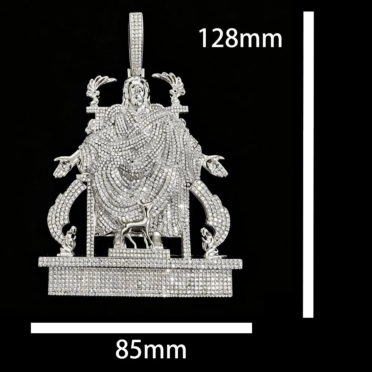 18K Gold Plated Oversized Hip Hop 3D Religious Figure Charm With Deer Angel Details Bling Statement Necklace Accessory For Rapper Street Men Women Gift Party Club Daily Wear Fully Micro Paved Shiny Cubic Zirconia Iced Out Enthroned Jesus Christ Pendant