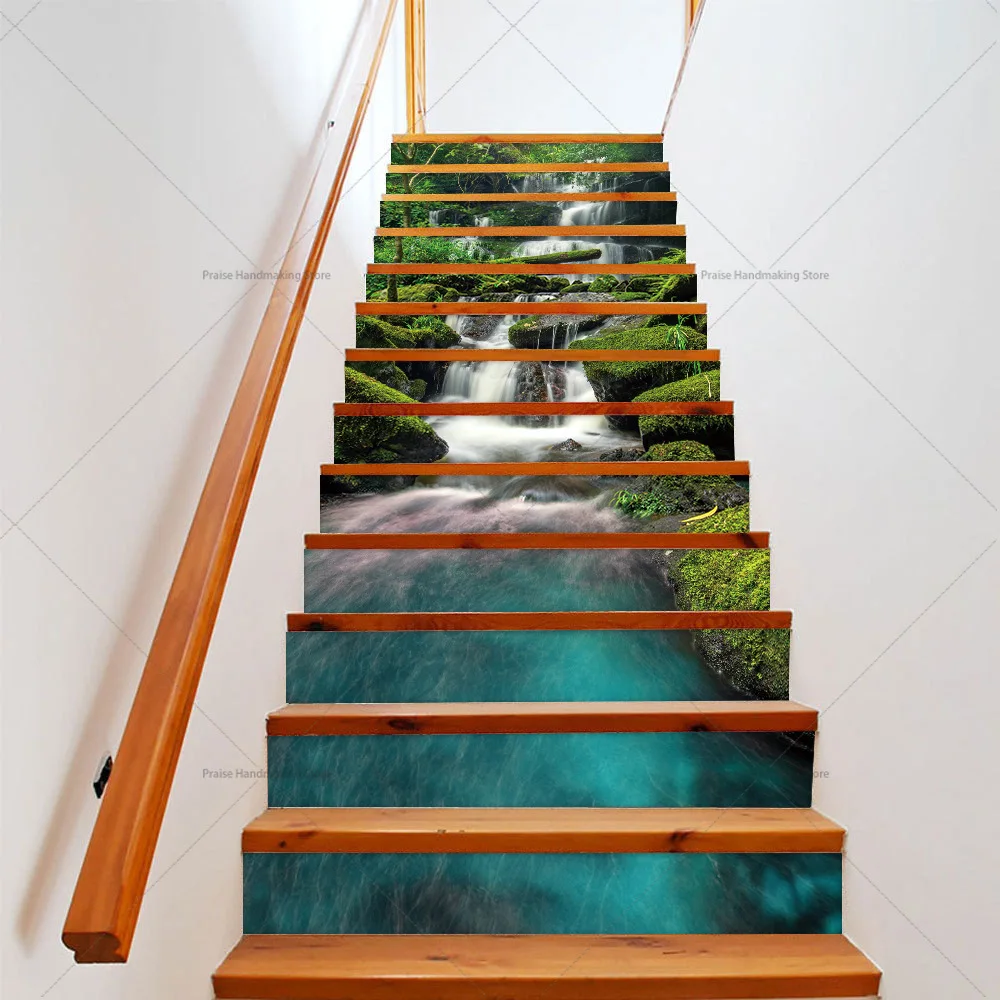 6/13 Pack Scenic Waterfall Stairs Stickers, Old House Stairs Renovation Stickers, DIY Vinyl Removable Decorative Murals