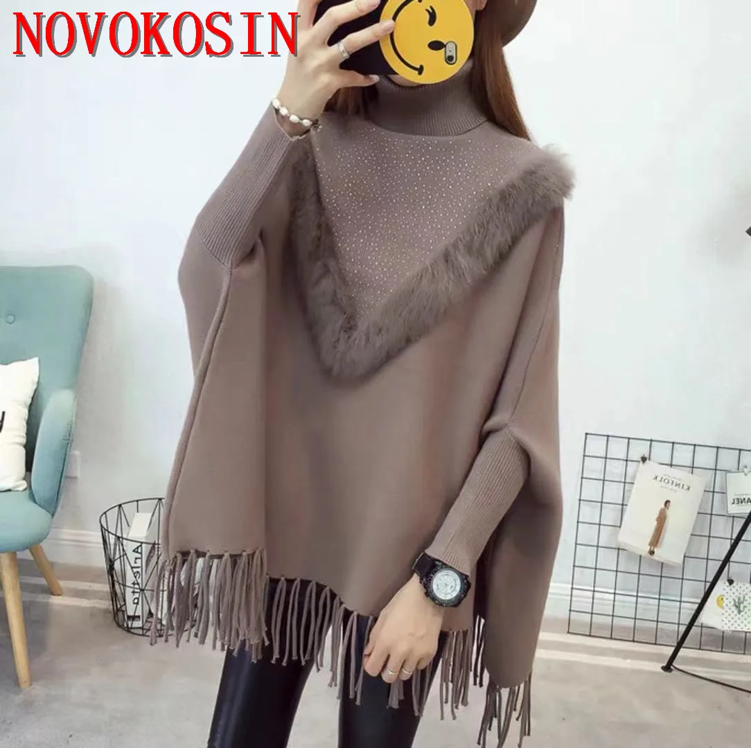 Winter Women Knitted Sweater V Style Fur Diamond Neck Poncho Streetwear Tassel Cape Loose Batwing Sleeves Pullovers Knitwear