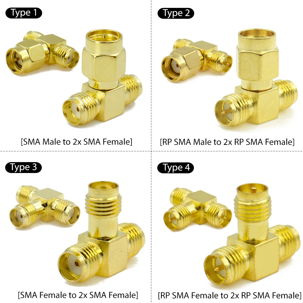 1pcs SMA Male to two SMA Female Adapter Triple T RF  Coaxial Adapter Connector 3 way Splitter Antenna Converter Gold-Plated