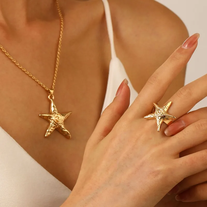 Fashion Stainless Steel Starfish Pendant Necklace Set Rust Proof Statement Gold Plated Sea Star Earrings Beach Holiday Jewelry