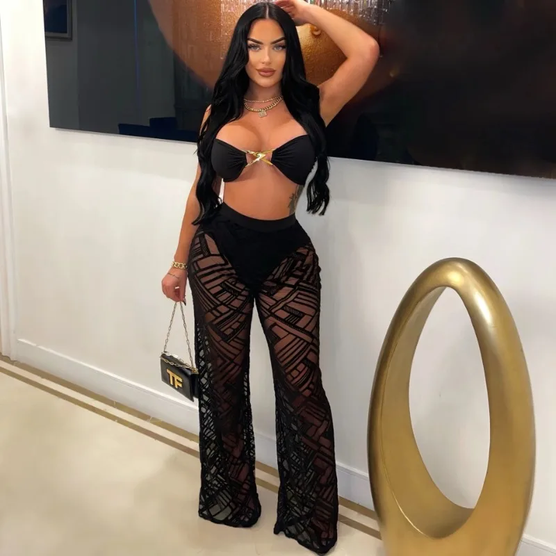 

Sexy Black Mesh See Through Wide-leg Pants Nightclub 2023 Summer Soild High Waist Stretch Streetwear Bottom All Matching Trouser