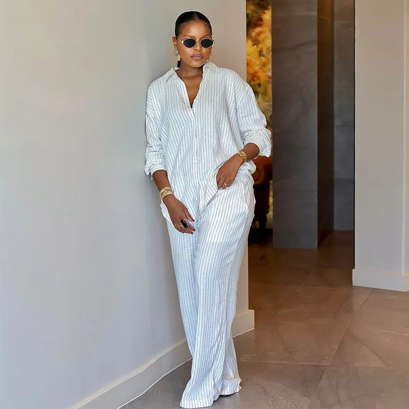 

Sweet and fresh lapel long-sleeved striped shirt high waist straight pants two-piece set fashionable simple and versatile temper