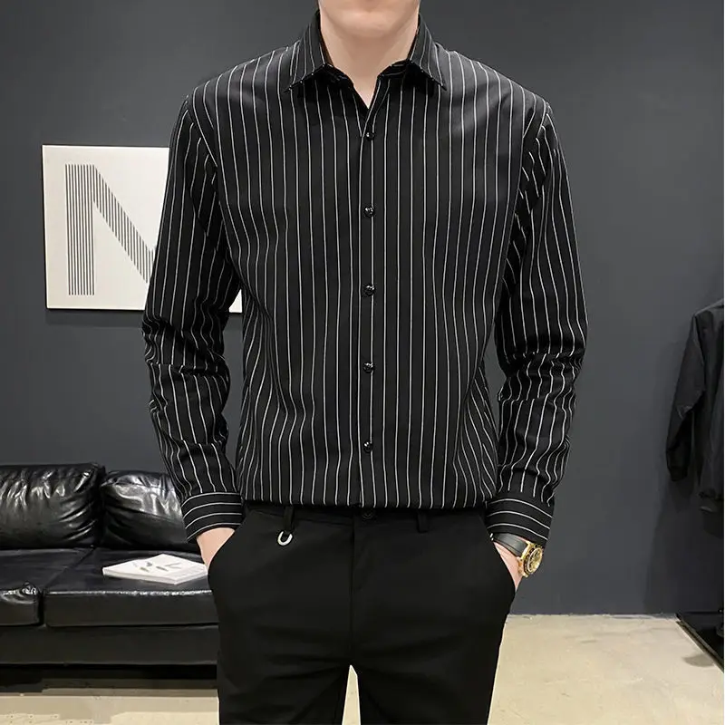 Fashion Printed Lapel Button All-match Striped Shirt Men's Clothing 2022 Autumn New Loose Casual Tops Long Sleeve Korean ShirtS