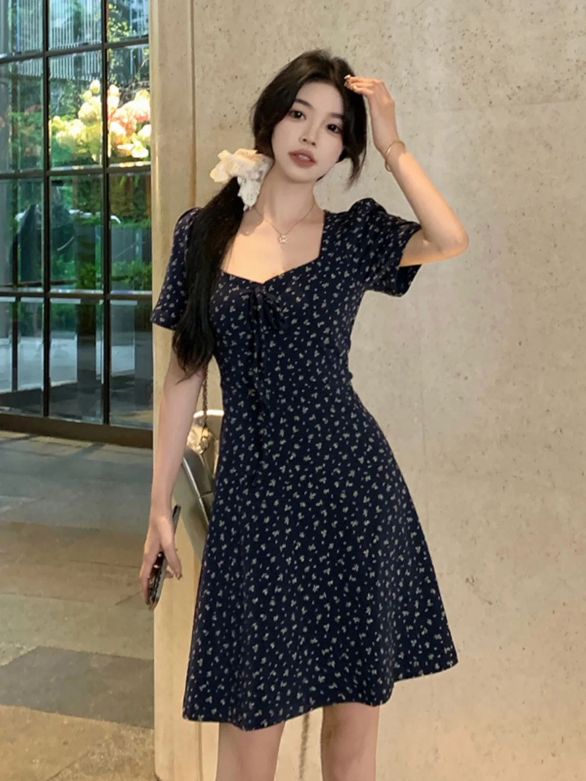 

Plus Size plus Size Summer Women's Dr Slimming V-Ne A-Line Long Skirt Floral Print Conceal Meat Anti-Aging Commute Korean Sle