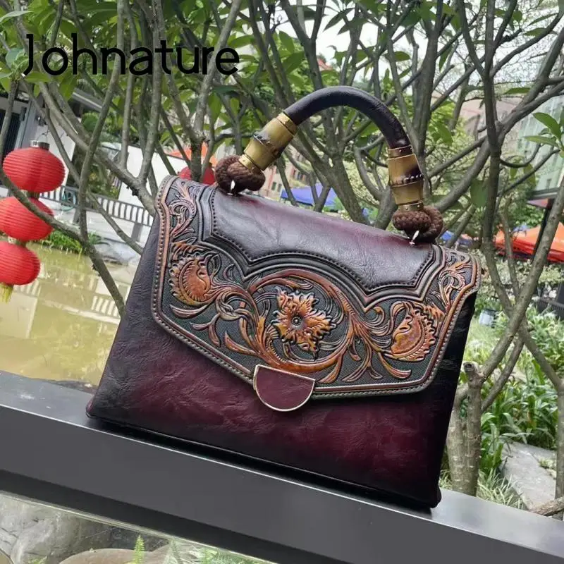 Johnature 2024 New Autumn Vintage Embossed Handbag Versatile Leather Women Bag Large Capacity Handmade Shoulder & Crossbody Bags