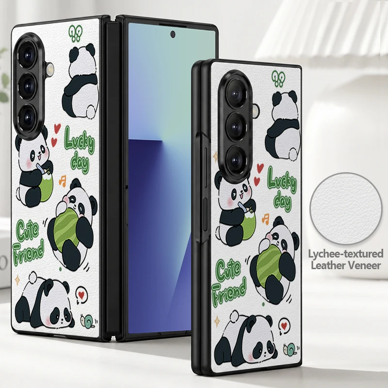 Cute Panda Print PU Leather Phone Case For Samsung Galaxy Z Fold8 Fold7 Fold6 Fold5 Fold4 Shockproof Hard PC Frame Folding Cover