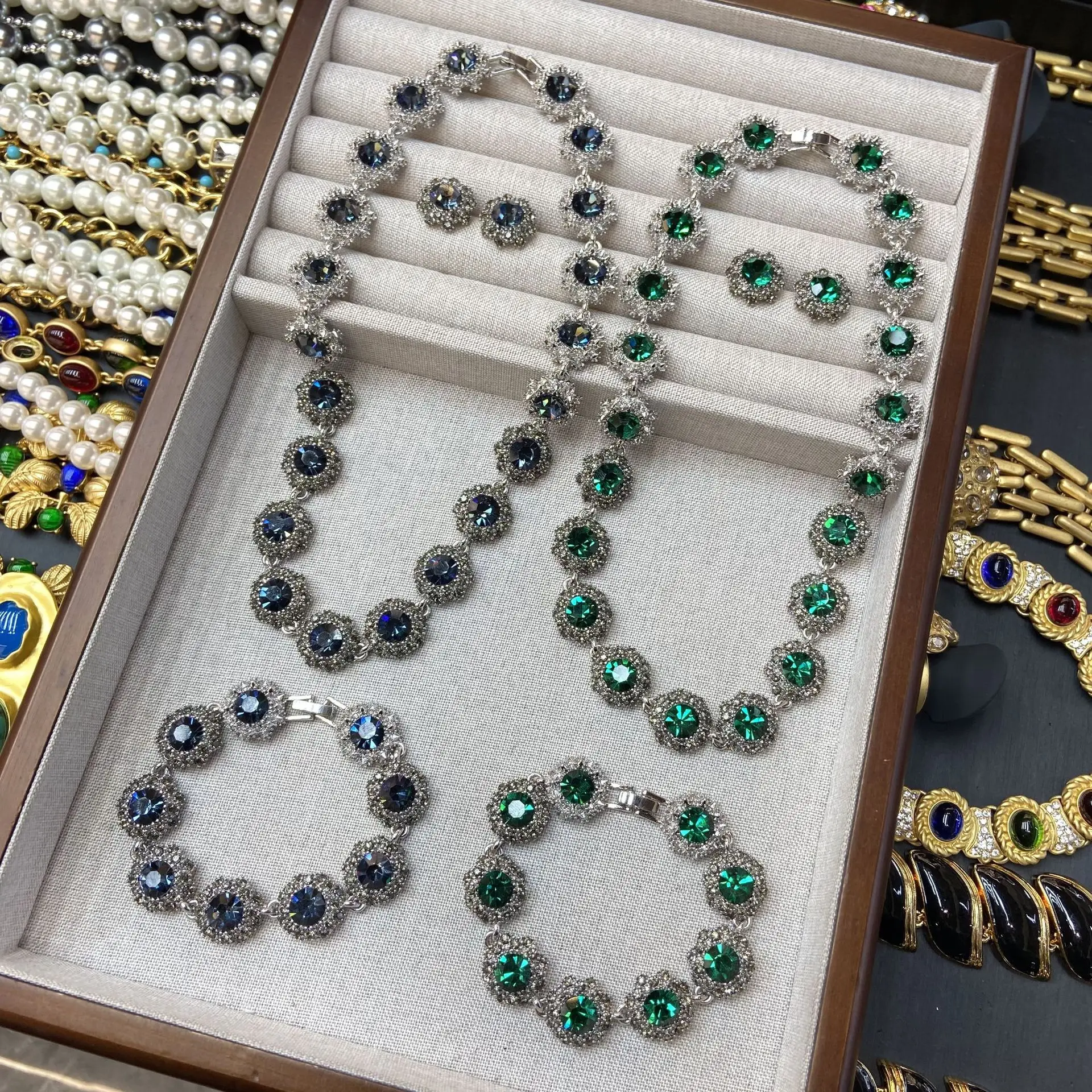 

French Style Light Luxury Gemstone Necklace Earring Bracelet Three-Piece Suit Woman Jewelry Set Dress Banquet Accessories New