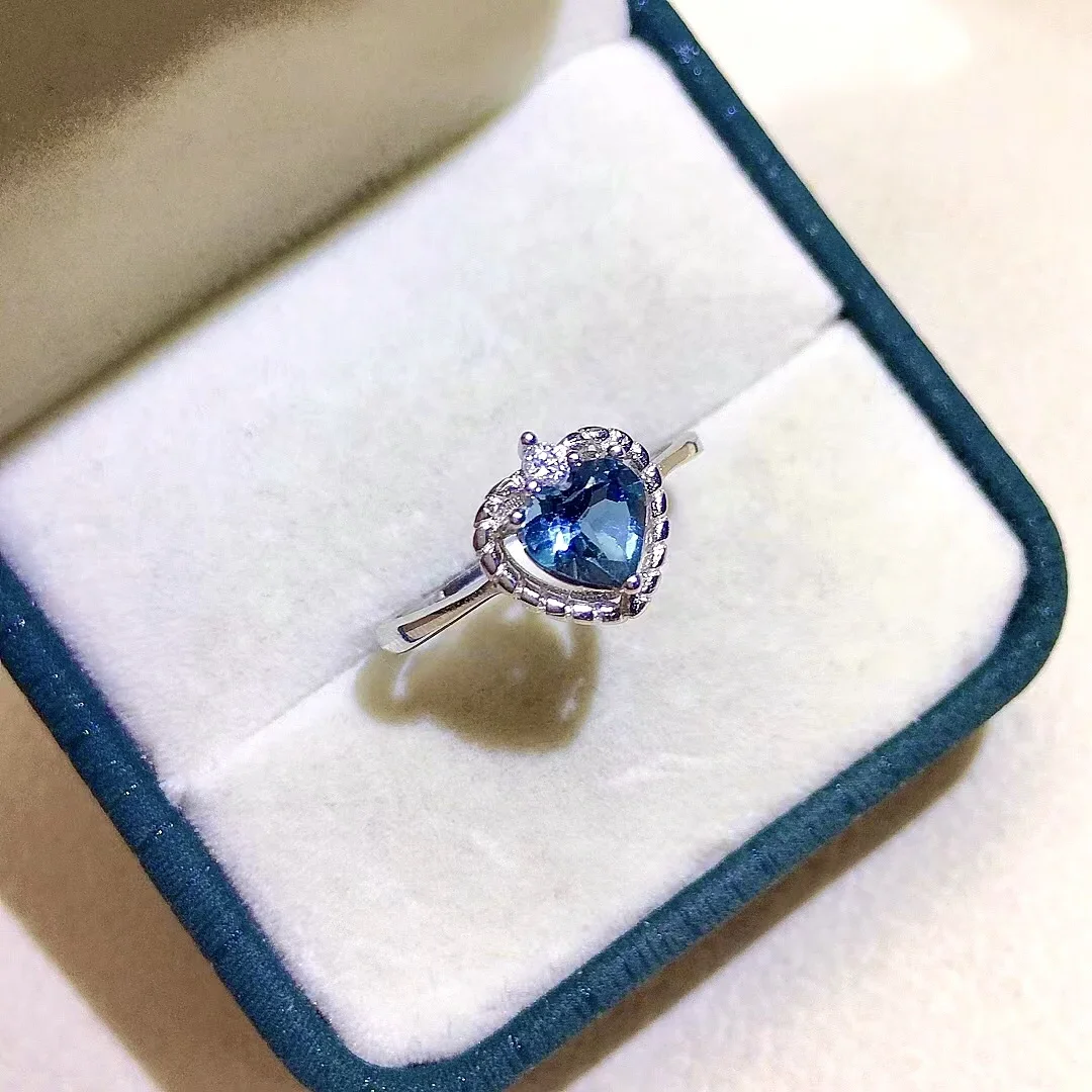 Cute Silver Heart Ring for Girl 6mm 0.6ct Natural Topaz Ring Solid 925 Silver London Blue Topaz Jewelry with Gild Plating