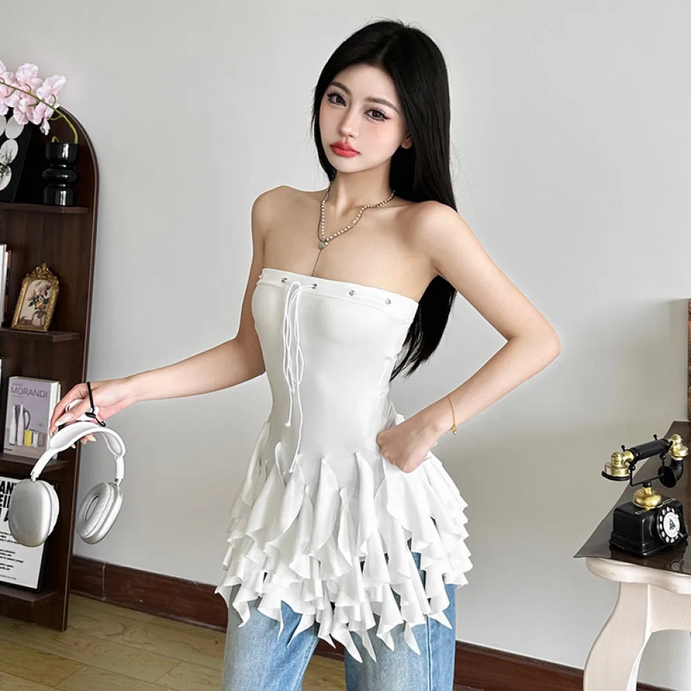 SylCue Y2K 스위트 스타일 스트랩리스 탑 여성용 비대칭 오프숄더 패치워크 러플 리본 허리라인 트렌드 슬림핏 의상