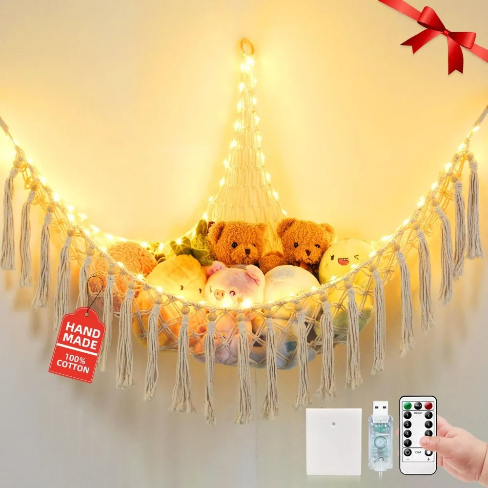 

Stuffed Animal Hammock with 75LEDs, Extra Large 55in Toy Storage Macrame Hammock, Hanging Toy Net for Kids Bedroom Doll Room