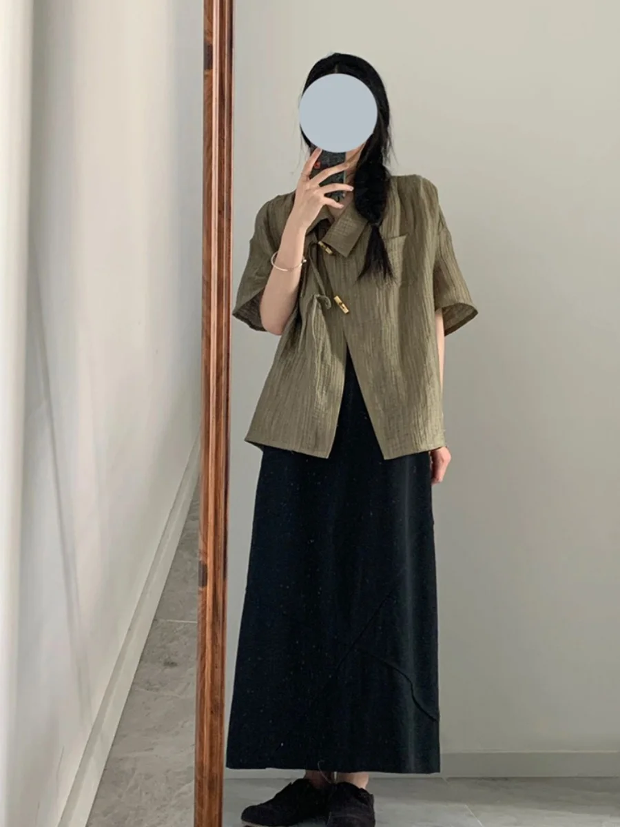 

Faionable Textured Bamboo Button Loose Fit ort Sve Turn-down Collar Women's irt New Chinese Design Summer Trend