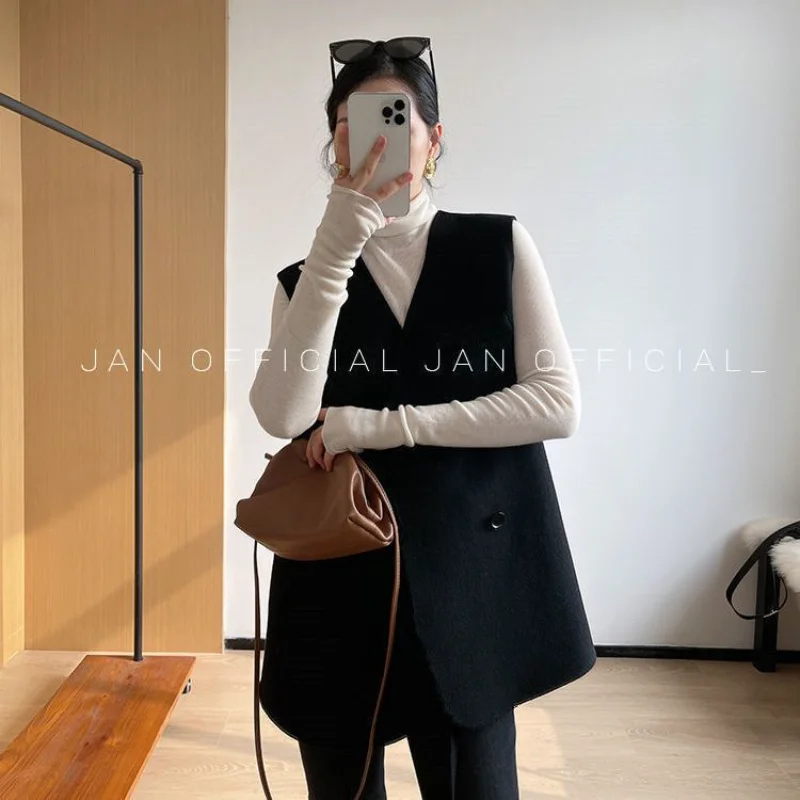 

Woolen Vest for Women Spring Autumn New Korean Style Fashionable Loose Waisted Woolen Double Breasted Outer Wear