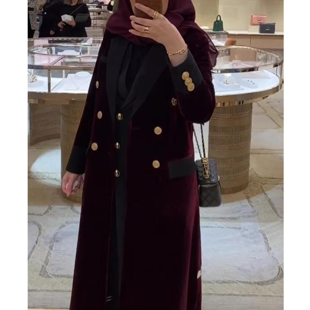 Burgundowa aksamitna marynarka Abaya elegancka dwurzędowa podstawowa moda długi płaszcz 1-częściowy szykowna impreza codzienna codzienna kurtka