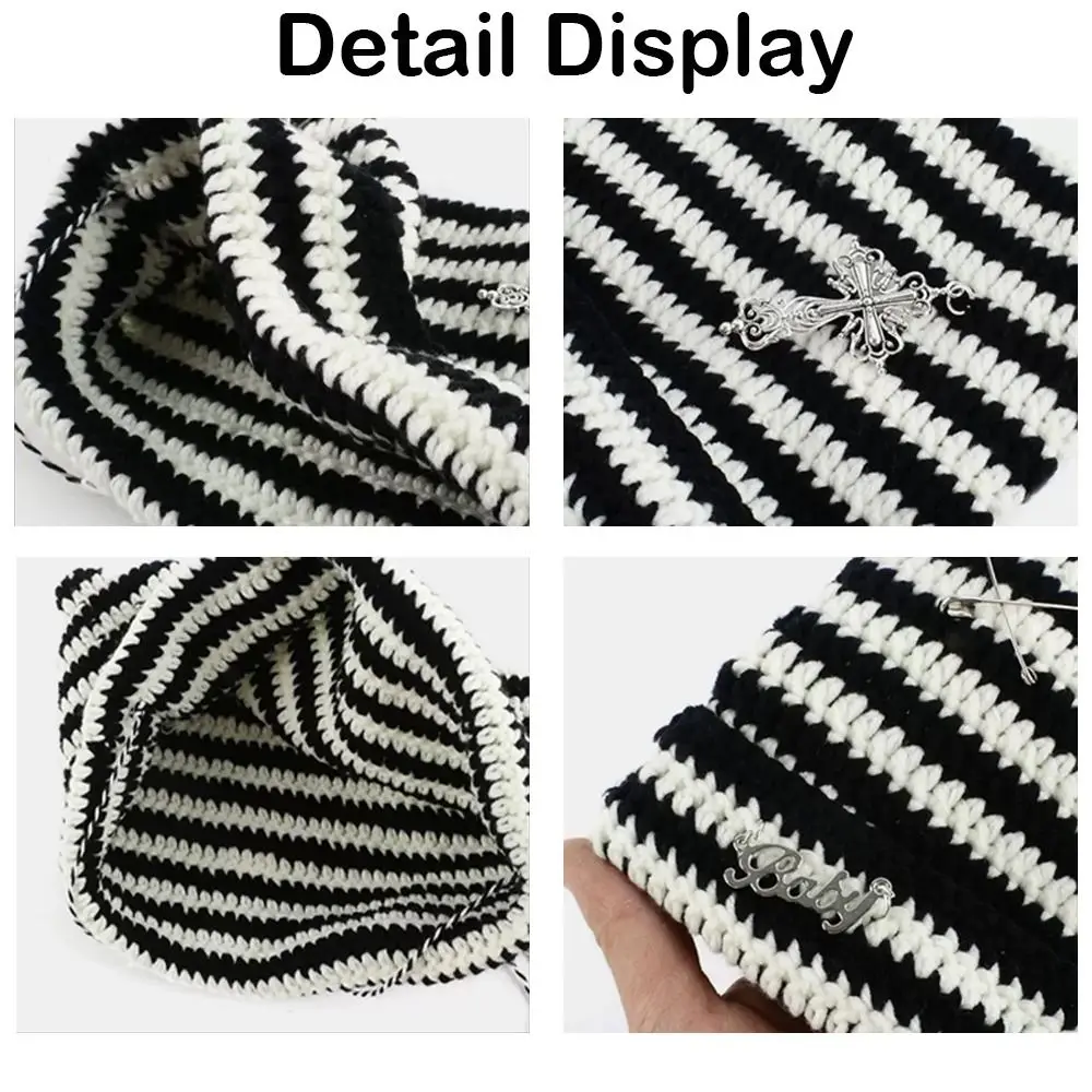 Ears Pointed Pullover Y2K Cute Y2K Beanie Hat Striped Star Devil Hat Knitting Wool Cap Autumn Winter