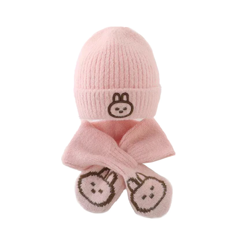 Autumn And Winter Children's Hats And Scarves Baby Cute Korean Style Bunny Beanie Fashion Knitted Hat Scarf Two-piece Set