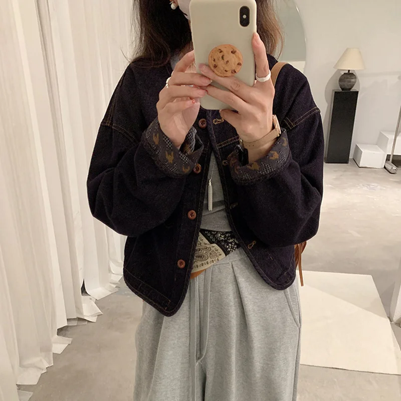 Envío de bufandas retro de un solo pecho, chaqueta vaquera con cuello redondo para mujer, otoño, primavera, nuevo modelo, tops de ocio, chaqueta Bomber Vintage