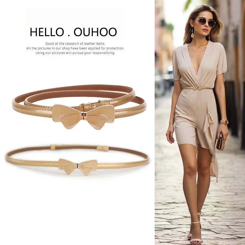 Women Stylish Skinny Belt Metal Bow-knot No Buckle Cinch Belt Thin Patent Leather Waist Belt for Dress