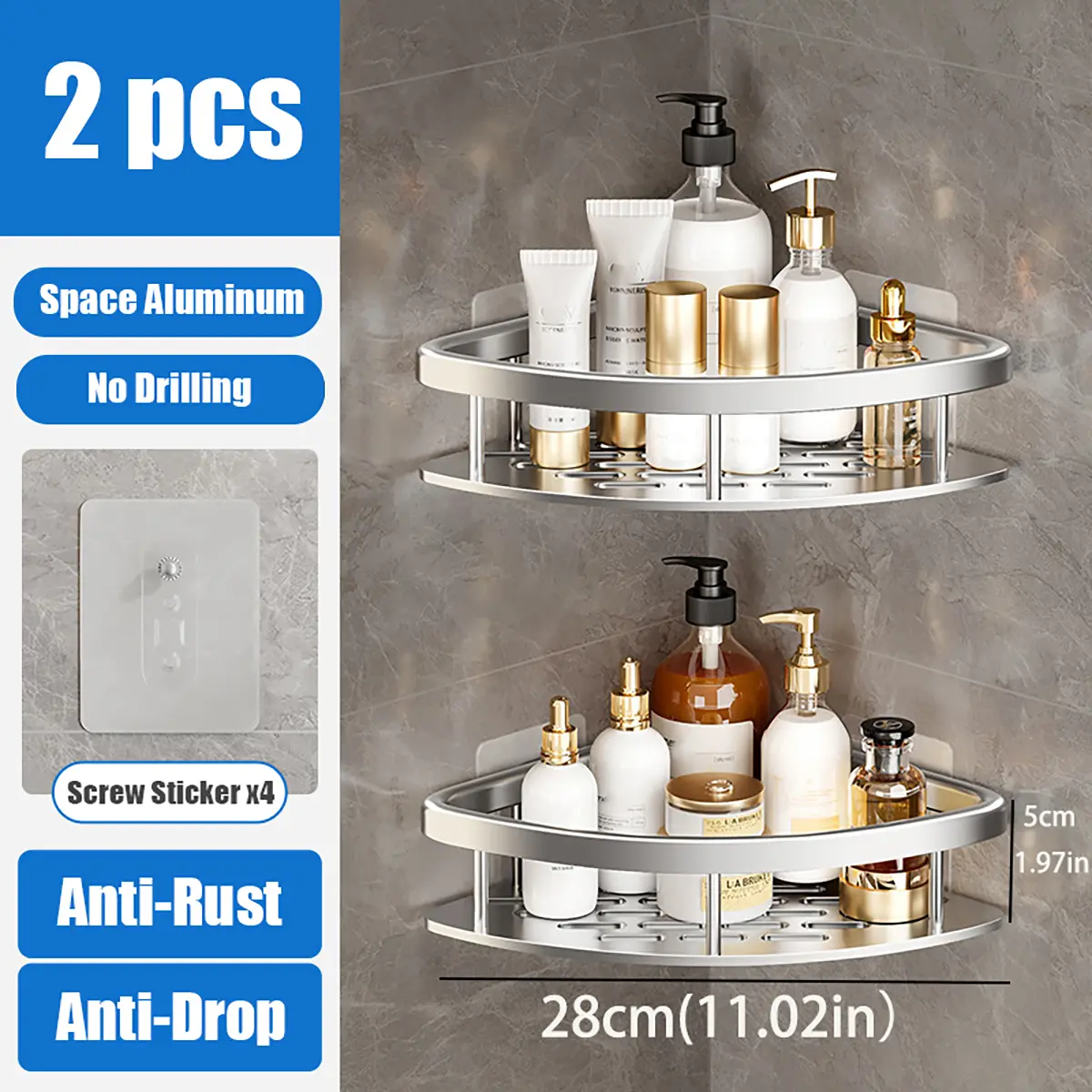 Prateleira de canto para chuveiro Caddie organizador de chuveiro Canto sem armazenamento de chuveiro de perfuração À prova de ferrugem Prateleira de parede de canto para banheiro porta shampoo