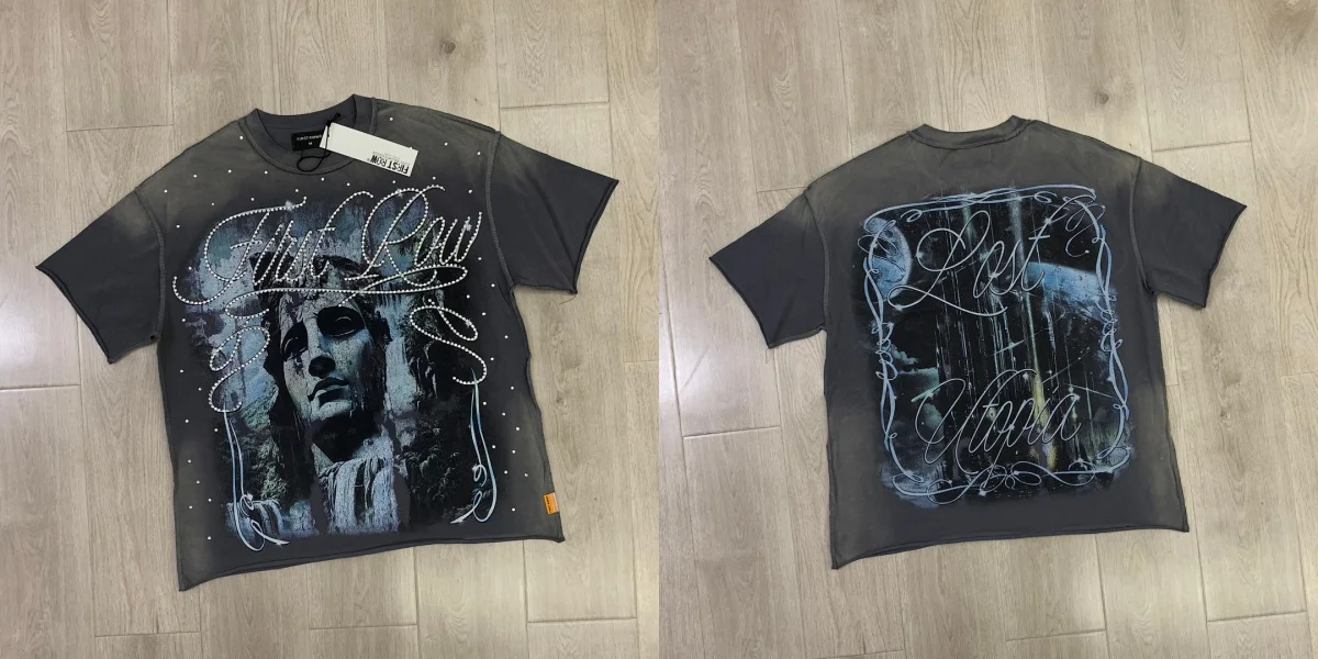 Suumer T shirt Grey Rhinestone Tee Men FIRST ROW Stone Sculpture Print T-shirt Retro Loose Casual Crew Neck Shirts Unisex
