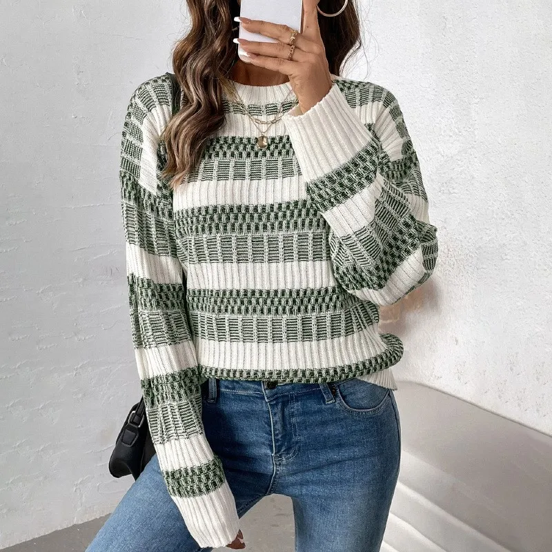 

Striped Contrasting Women's Knitted Sweater With Round Neck Pullover Fashionable Casual Sweater Top Autumn New Item 2024 Ladies