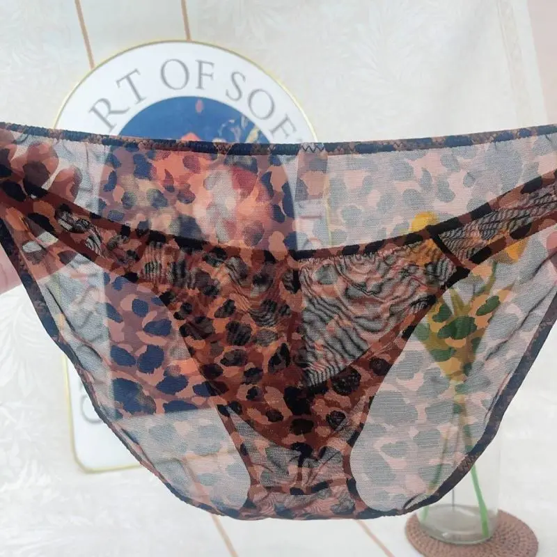 

Men Sexy Leopard Print Mid Low Waist Panties Transparent Mesh Printed Thin Underwear Comfortable Soft Sissy Fashionable Panties