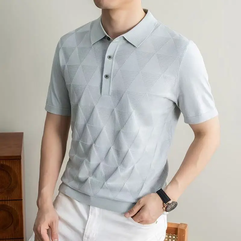 Men's 2026 New Arrival Lyocell Argyle Knit Polo Shirt Casual Short Sleeve Breathable Summer Top for Office Daily Wear