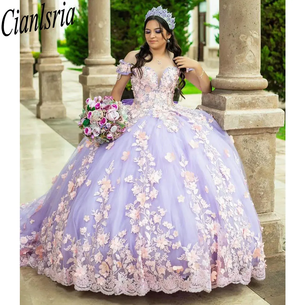 Lilac 3D Flowers Bow Quinceanera Dresses Ball Gown Off The Shoulder Appliques Lace Customized Corset Vestidos De XV Anos