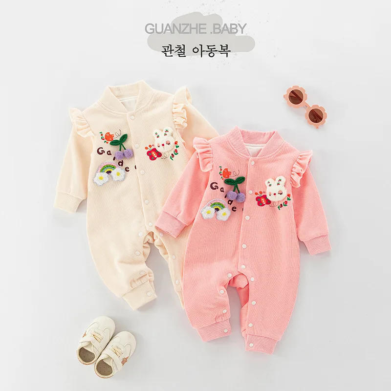 Autumn 0-2 Years Baby Girls Jumpsuit 3D Rabbit Flying Sleeve Newborn Girls Romper Double Layered Outdoor Infant Girls Onesies