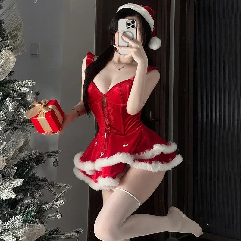 New Christmas Santa Claus Uniform Outfits Women Bow Red Velvet Dress Hat Xmas Cosplay Costume Red New Year Nightdress Underwear