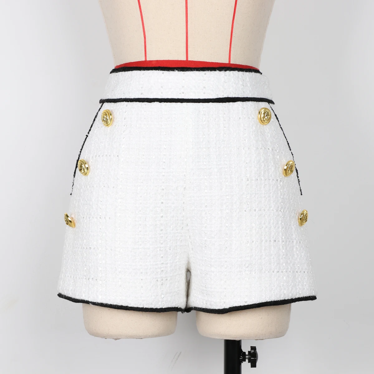 Spring And Autumn New Women's Double Breasted High End Coarse Tweed Waist Collection Long Sleeved Suit Top Coat With Shorts Set