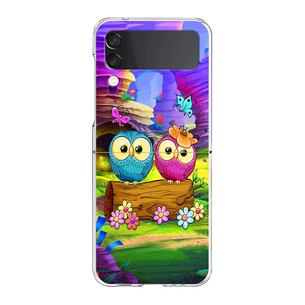 Capa de telefone para PC bonito coruja dos desenhos animados, capa preta para Samsung Galaxy Z Flip 3, bolsa dobrável à prova de choque, 4, 5, 6