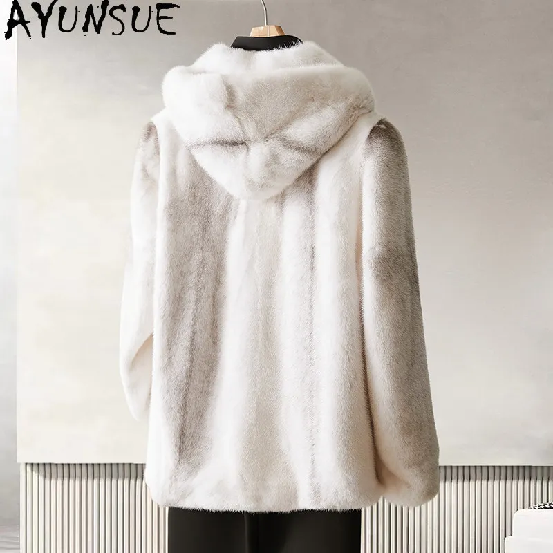 AYUSNUE Natural Cross Mink Coat Men Winter Jacket Hoodie Real Fur Coats Male Luxury Clothes Fashion Warm Куртка Натуральный Мех