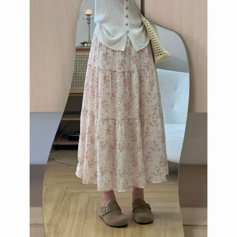Gentle Fairy Women Spring Summer Floral Chiffon Midi Skirt Textured Tiered A Line Long Skirt Daily Holiday Wear