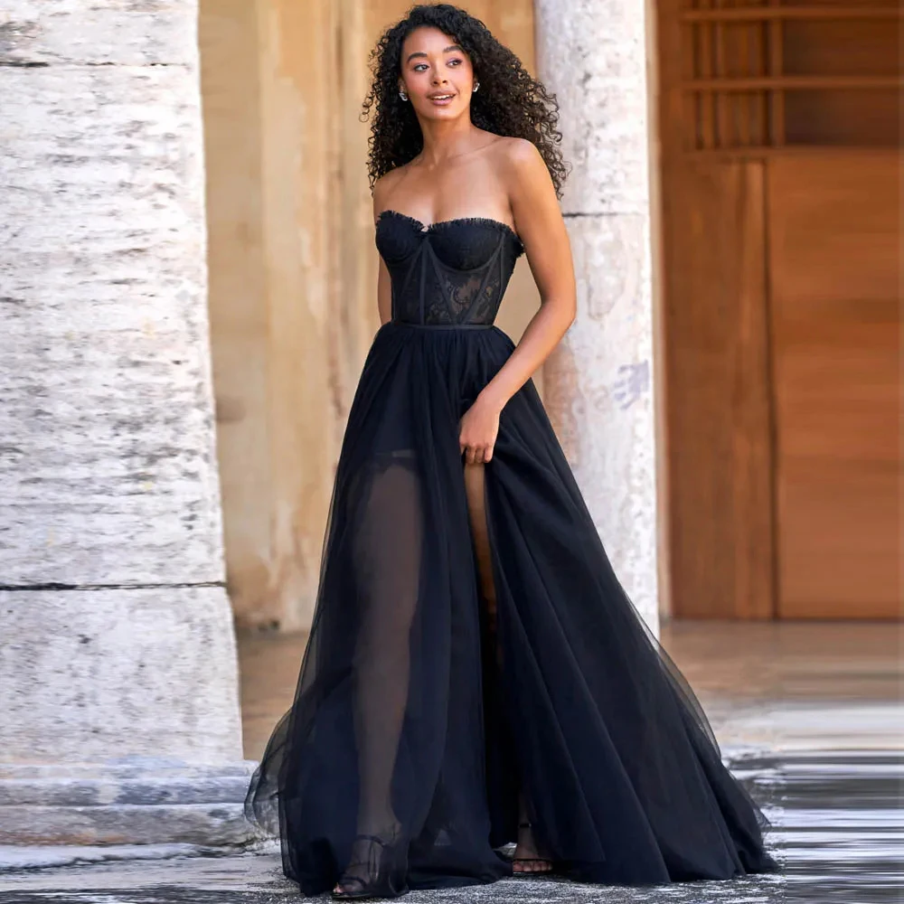 

Black Girls Strapless Evening Dresses Sexy Lace High Split Side Vestidos De Gala A-Line Sweep Train Prom Dresses