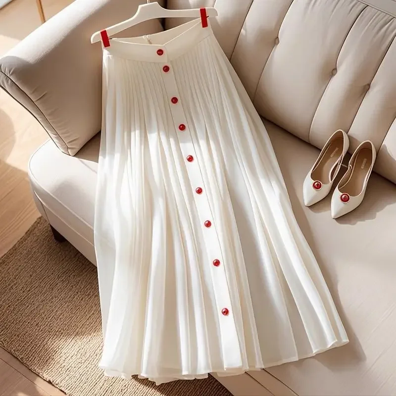

New Summer Fashion Skirt Women Elegant High Waist Single Breasted A-Line Chiffon Pleated Casual Skirts Office Lady Jupe