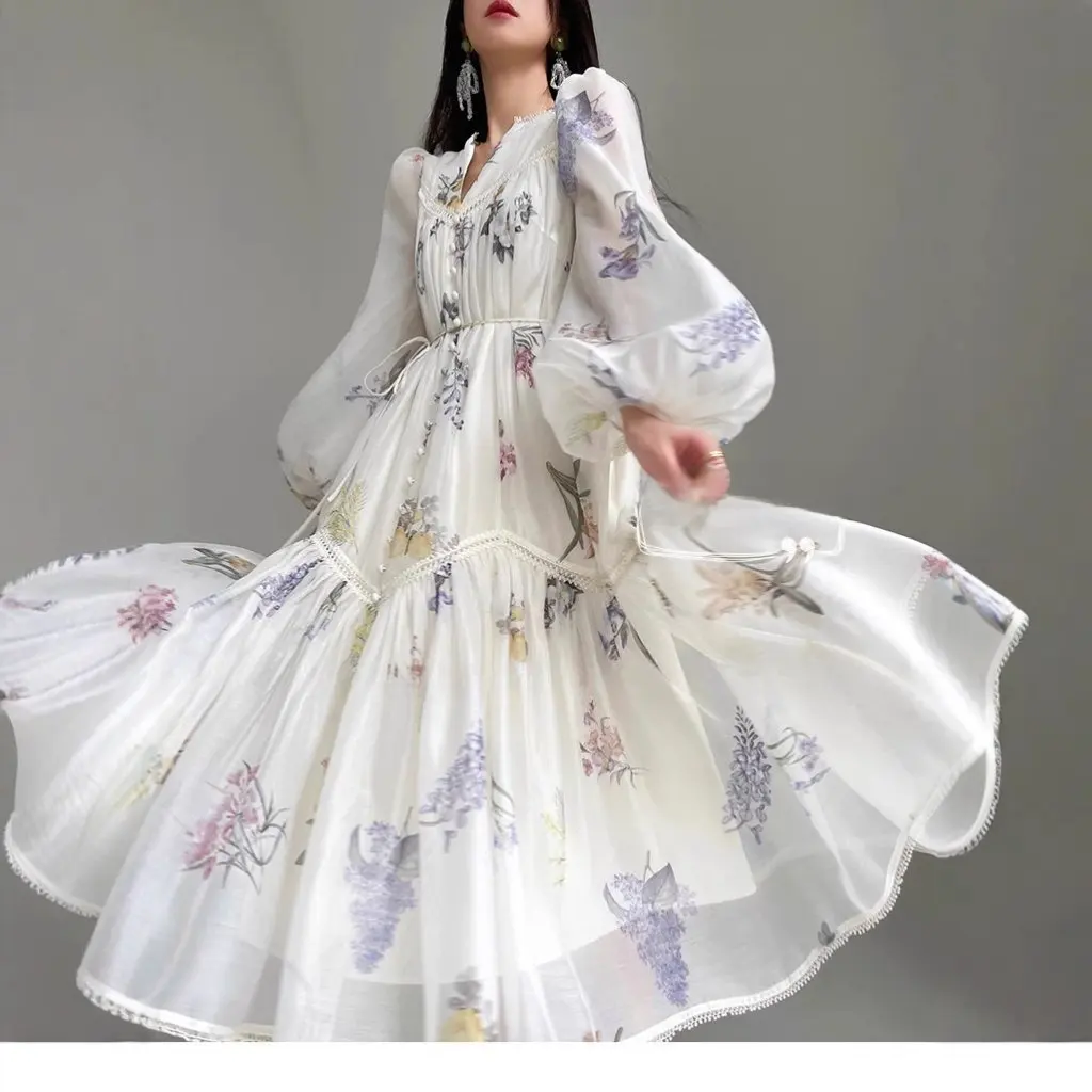 Australian Chiffon Swing Skirt Dress for Women Printed Girly Summer Lace Loose Doll Princess Style