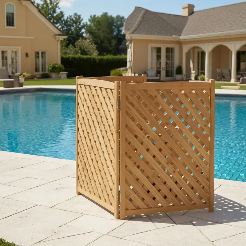 32 W X 38 H Inch Light Brown 3-Panel Outdoor Air Conditioner Privacy Fence Wooden Screen
